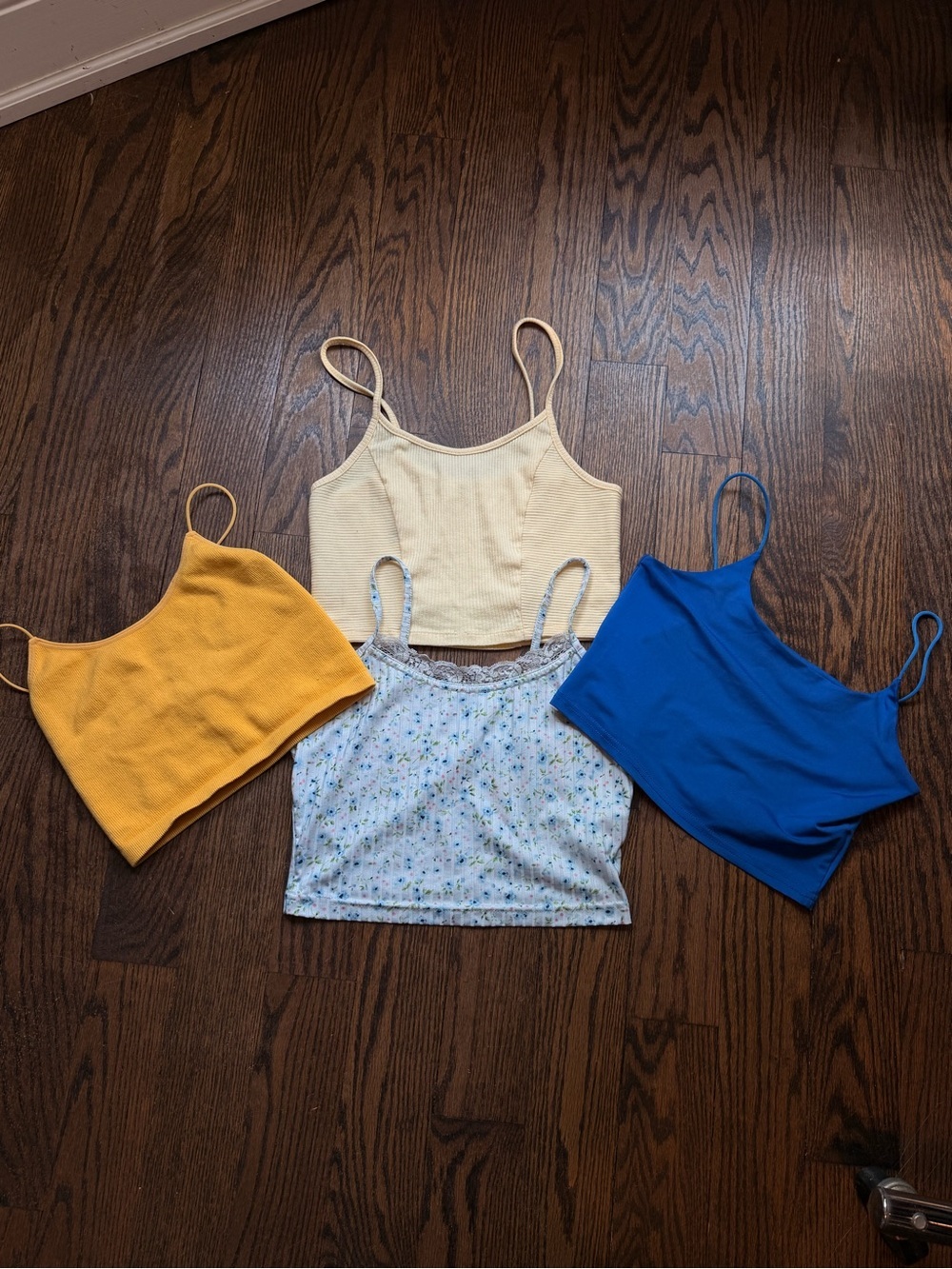 Ardene Spaghetti-Strap Crop Camisoles — Yellow, Cream, Blue, Floral